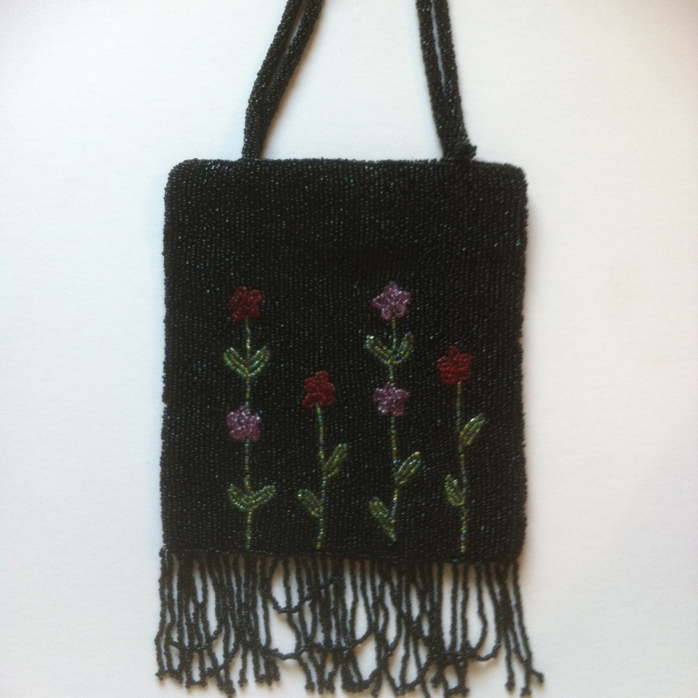 BLACK BEADED CROSS BODY BAG WITH COLORFUL FLOWERS